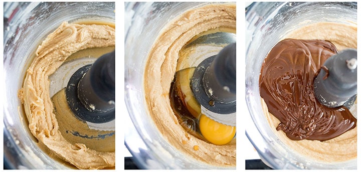 three photos showing the steps of creaming the butter, adding the eggs, and adding the melted chocolate