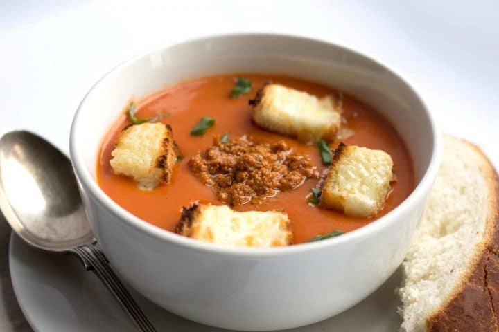 Tomato Pesto Soup with Cheesy Croutons