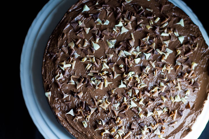 the chocolate curls added to the top of the torte 