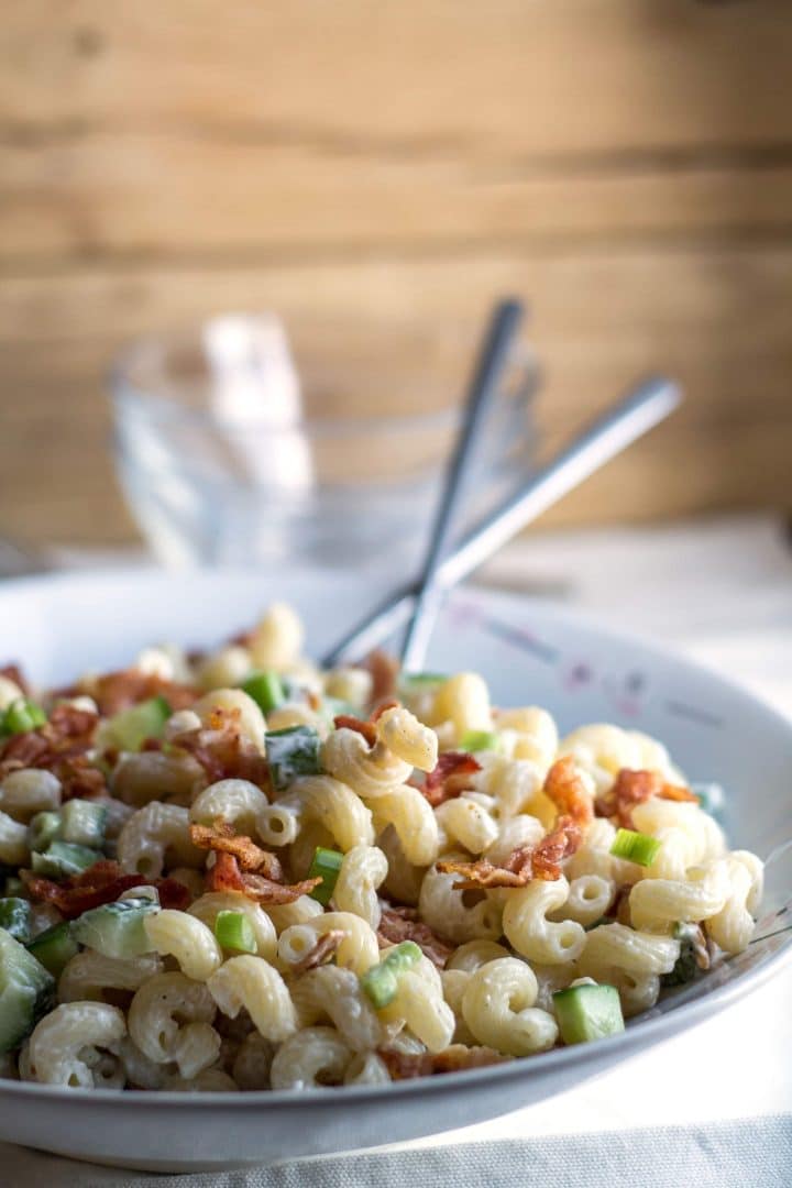 Bacon & Green Onion Pasta Salad in a bowl with two spoons