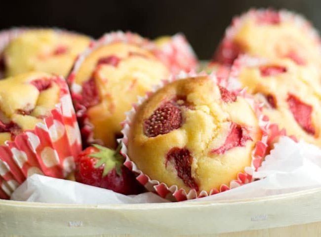 A close up of Strawberry Honey Cornbread Muffin