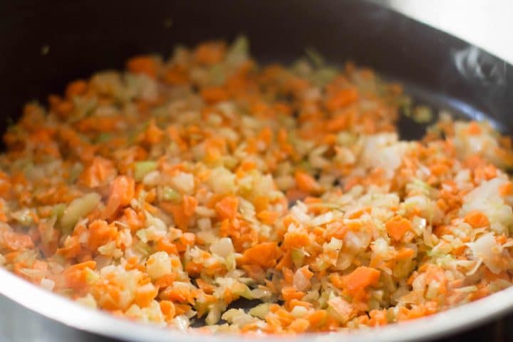 chopped carrot, onion and celer in a pan
