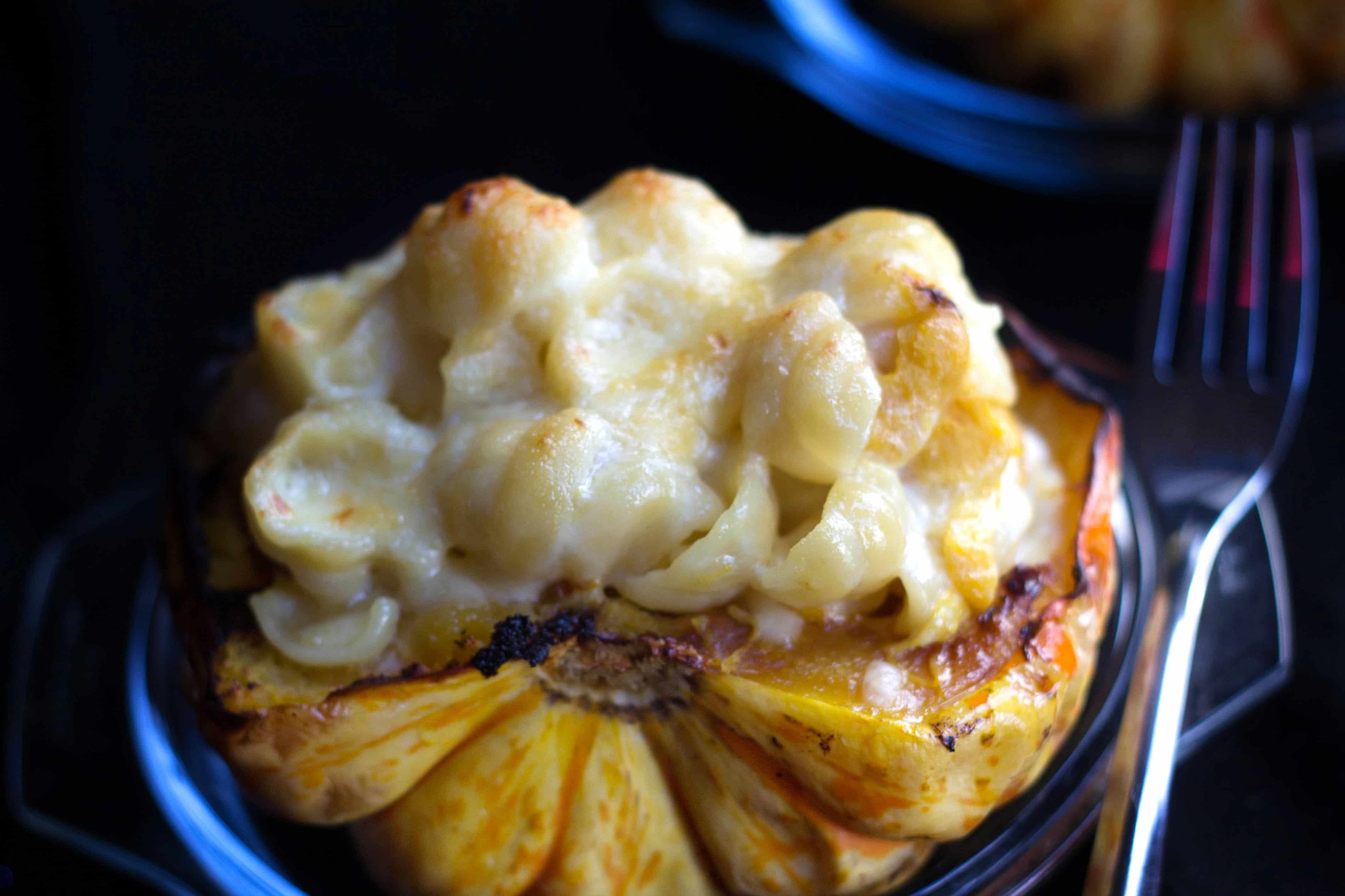 roasted squash stuffed with mac n cheese ready to eat