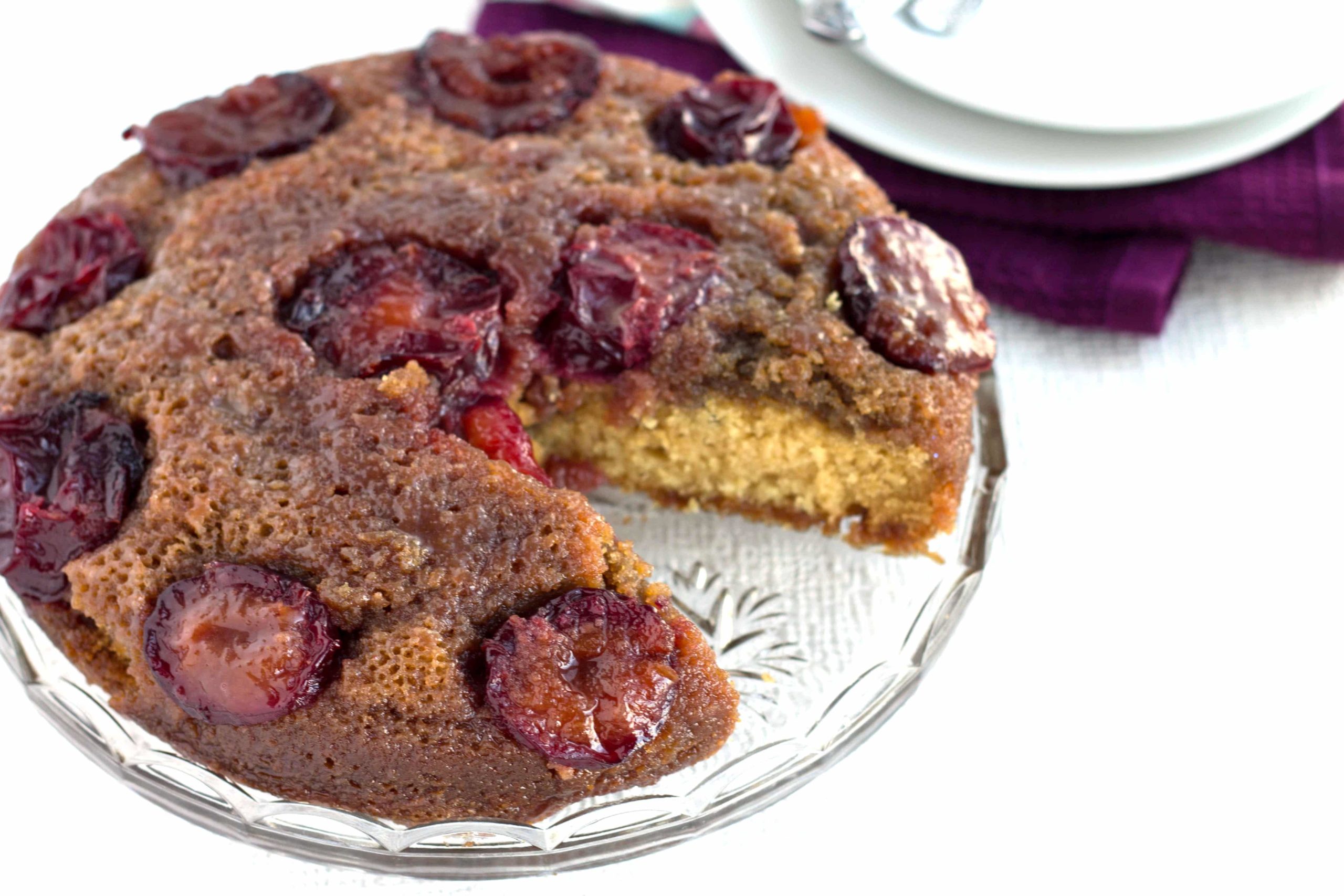 This classic plum upside-down cake from Erren's Kitchen makes a lovely center piece to any table. The fruit and sugar make sticky, sweet sauce. Serve it warm for even more of a treat!