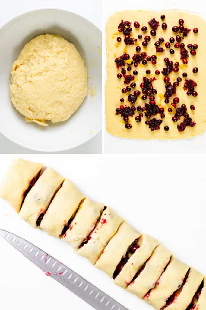 A three-panel image depicting the making of Iced Cranberry & Orange Swirl Scones: 1) a bowl with dough, 2) rolled dough topped with vibrant cranberries and zesty orange swirls, and 3) slices revealing the berry-filled center. A knife rests beside the enticingly sliced pieces.