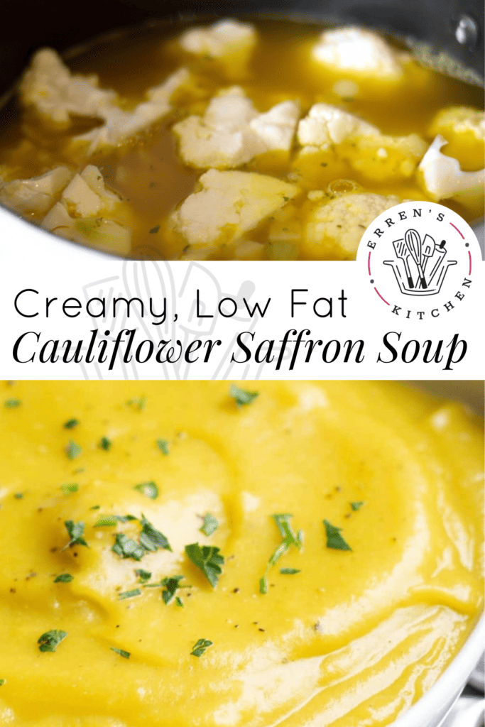 The top picture is of the soup cooking in a pot with celery, cauliflower and potatoes.The bottom picture is of the thick and creamy yellow saffron cauliflower soup in a bowl with a spoon ready to be served and sprinkled with parsley.