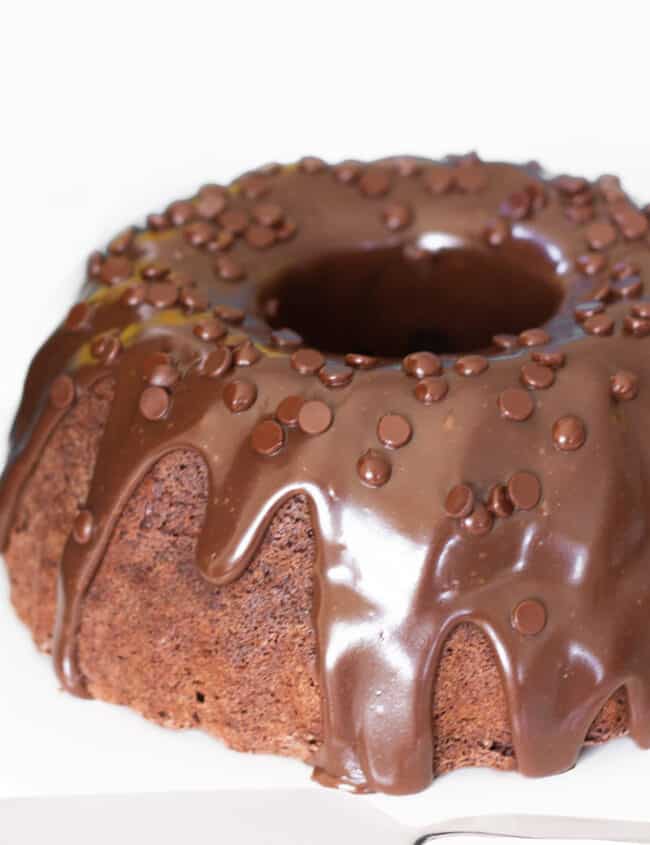 A Chocolate Bundt Cake with a cake slicer niext to it