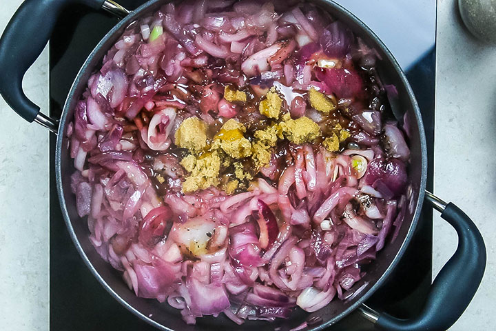 The honey added to the onion mixture in the pan