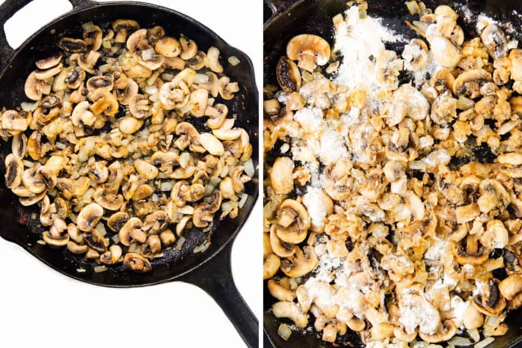 Split image: Left side shows sliced mushrooms and onions sautéing in a cast iron skillet. Right side features added flour on top, prepping for the Cheesy Chicken & Mushroom Pie's savory sauce or gravy.