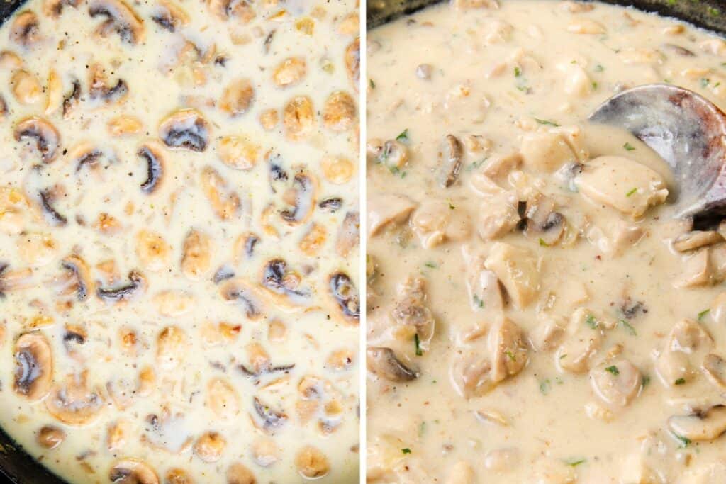 Two images of creamy mushroom sauce perfect for a Cheesy Chicken & Mushroom Pie. The left shows a close-up of mushrooms in a creamy white sauce, while the right features a spoon scooping the thicker texture, revealing chunks of mushrooms and herbs ready to enhance your pie.