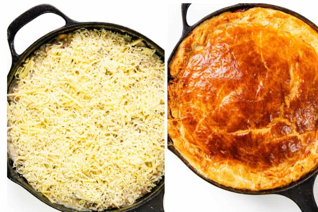 Two side-by-side images in cast iron pans: Left reveals a Cheesy Chicken & Mushroom Pie topped with shredded cheese; right showcases the same pie baked to golden-brown perfection.