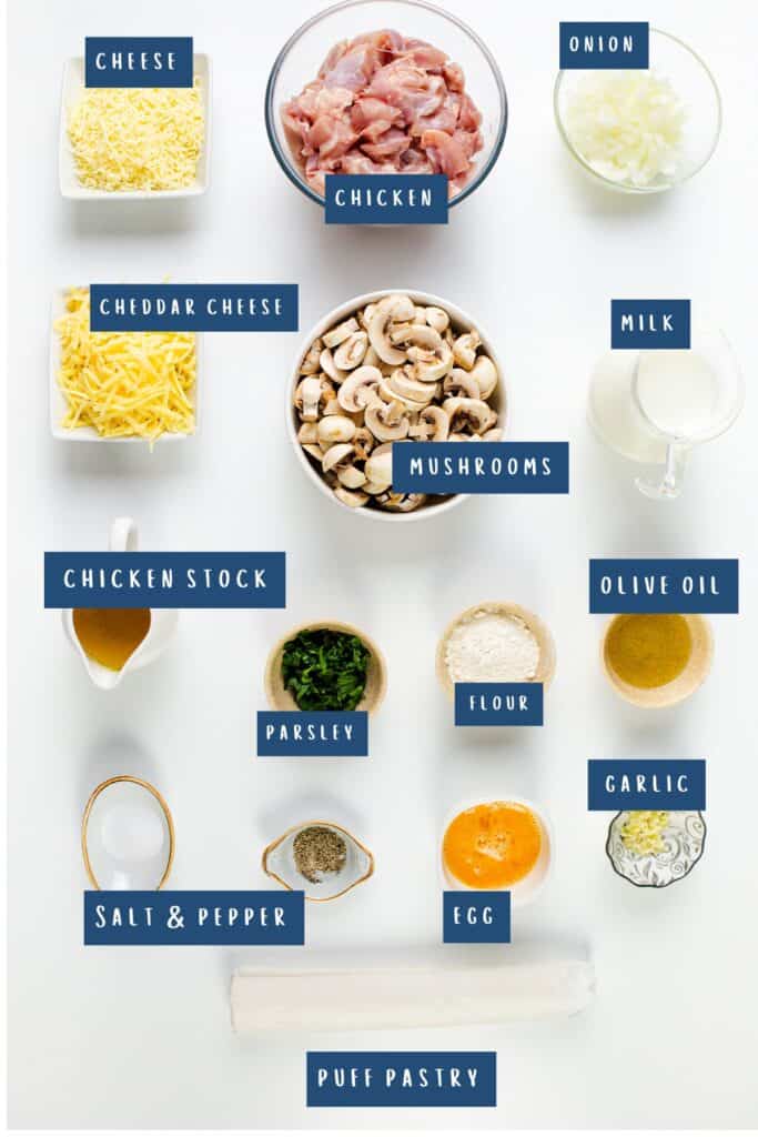 Top-down view of ingredients for a Cheesy Chicken & Mushroom Pie, featuring chicken, onion, mushrooms, milk, cheddar cheese, garlic, egg, puff pastry, olive oil, parsley, flour, chicken stock and seasonings like salt and pepper. Each ingredient is beautifully labeled for easy cooking.