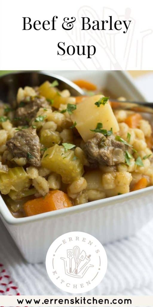 a bowl of beef and barley soup ready to eat