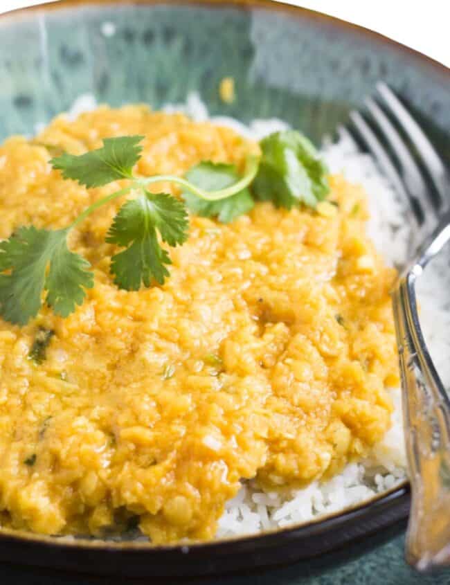 Tarka Dal over white rice in a bowl