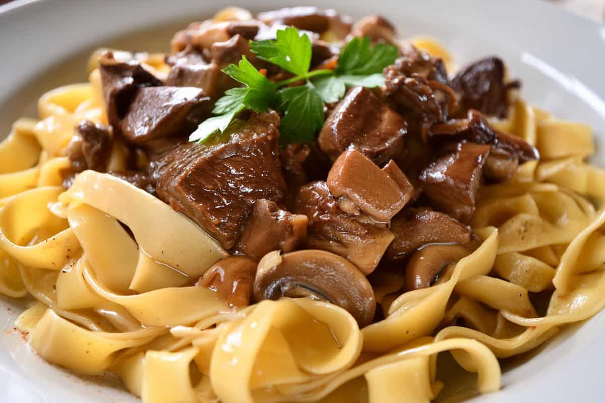 A plate of tagliatelle pasta topped with a rich and hearty slow cooker beef with mushrooms sauce.