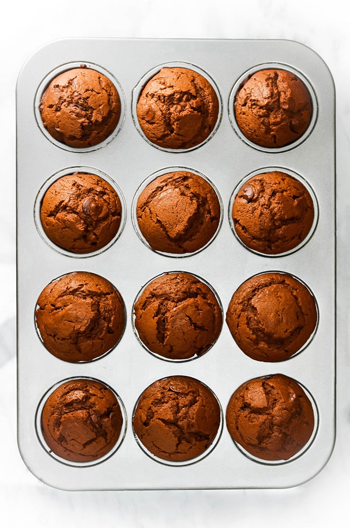 Double Chocolate Chip Muffins in the pan fresh out of the oven