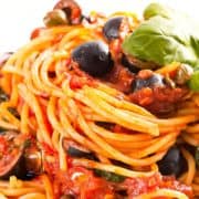 Spaghetti Alla Puttanesca freshly served and ready to eat