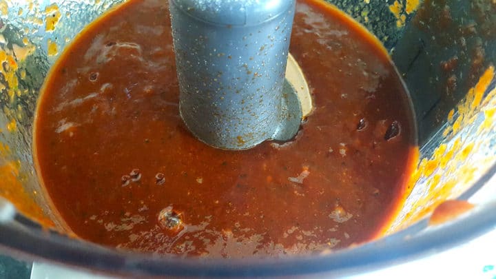 Roasted Red Pepper Barbecue Sauce being whizzed in a food processor