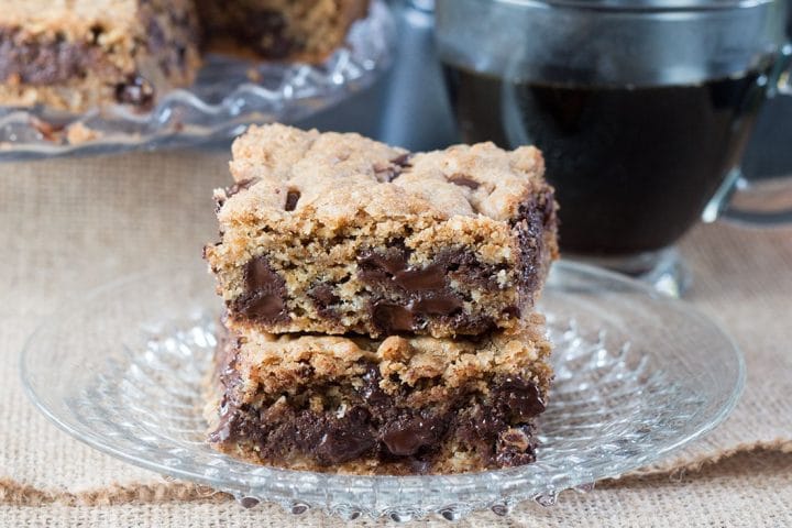 fresh out of the oven Chocolate Chip Spiced Oat Bars bursting with melted chocolate chips