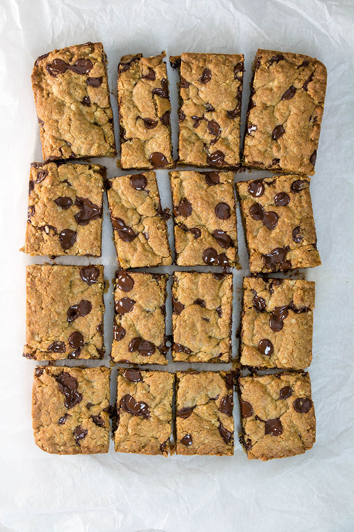 The sliced chocolate chip oatmeal cookie bars.