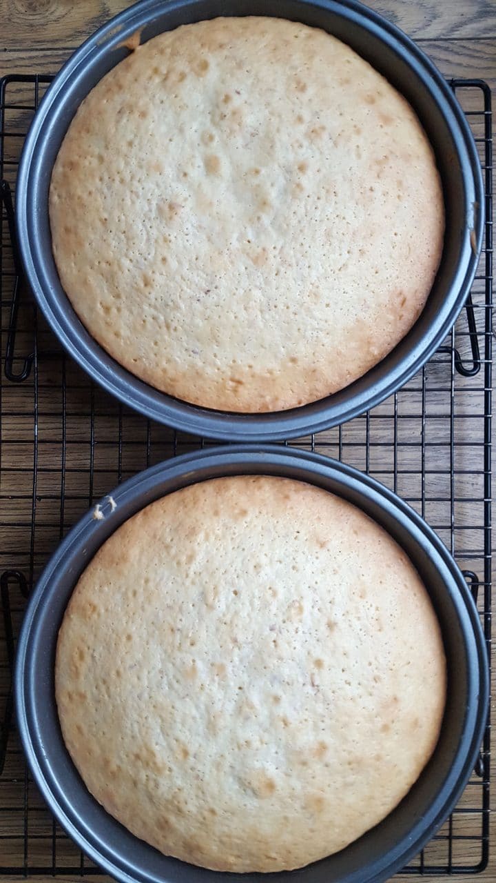 The fresh baked caked cooling on a wire rack