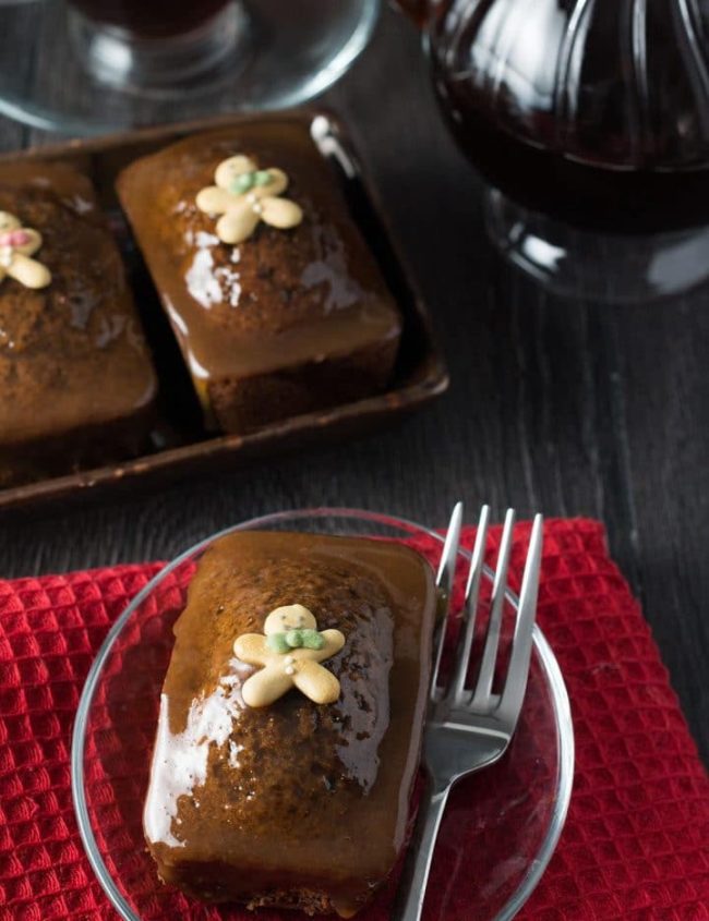 sticky toffee ginger cakes on a plate with a fork