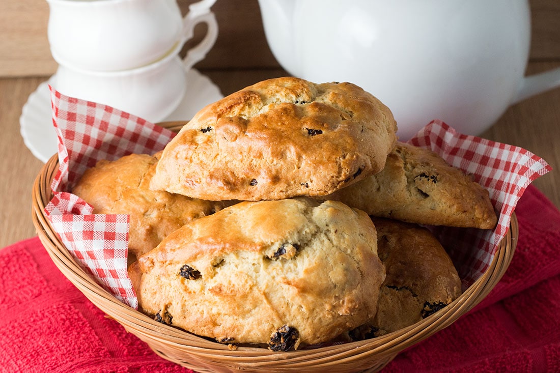 Raisin scones ready to eat in a basket