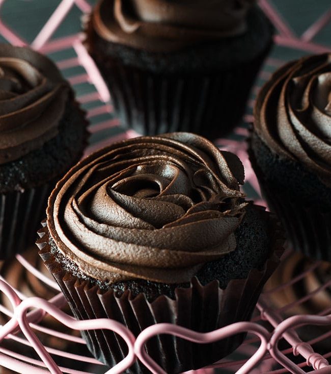 Indulge yourself with this recipe for Devil's Food Cupcakes with Dark Chocolate Frosting. Perfect for Valentine's Day or any celebration.