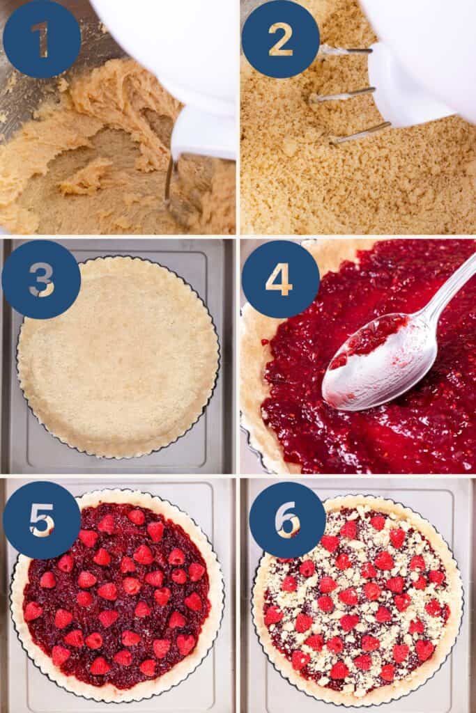 Step-by-step process of making a Raspberry Tart. Image 1 shows dough being mixed. Image 2 shows crumbs being combined. Image 3 shows dough pressed into a tart pan. Image 4 shows raspberry filling spread in the crust. Image 5 shows raspberries topping the tart. Image 6 shows the finished Raspberry Tart with crumb topping.
