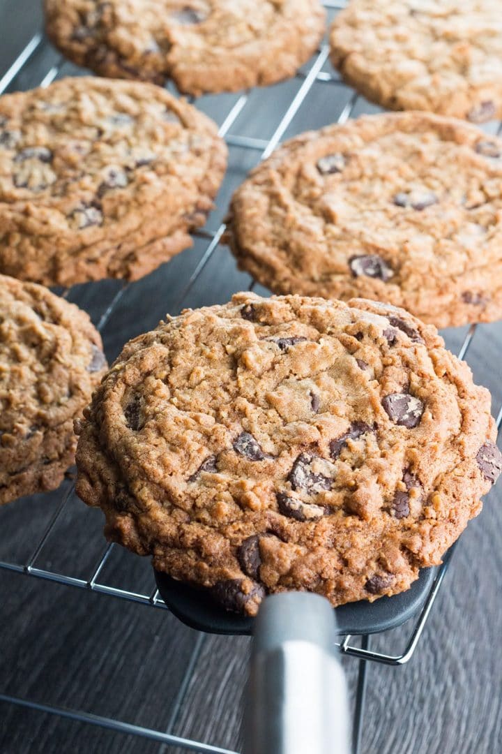 Chocolate Chip Oatmeal Cookies on a cooling rack