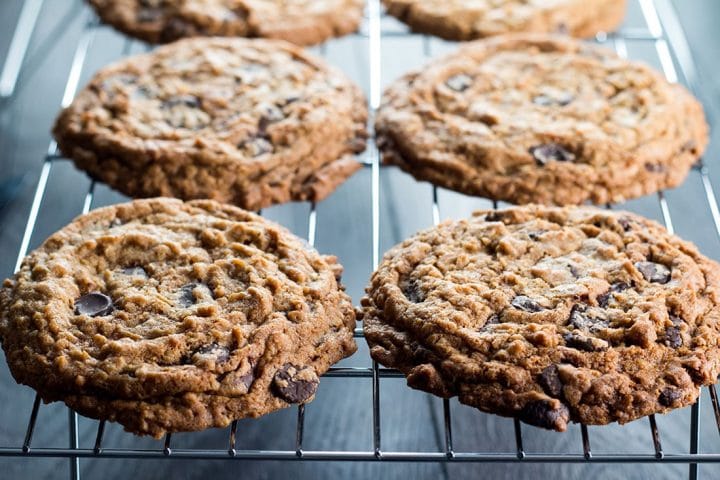 Chocolate Chip Oatmeal Cookies cooling on a cooling rack