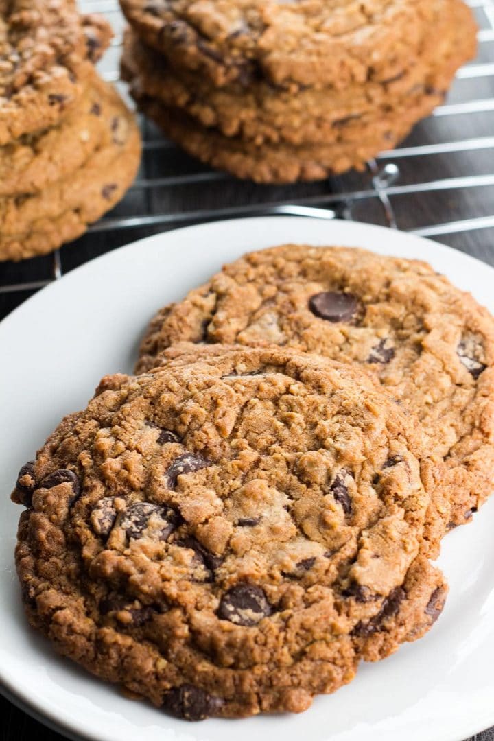 two Chocolate Chip Oatmeal Cookies ready to eat on a plate