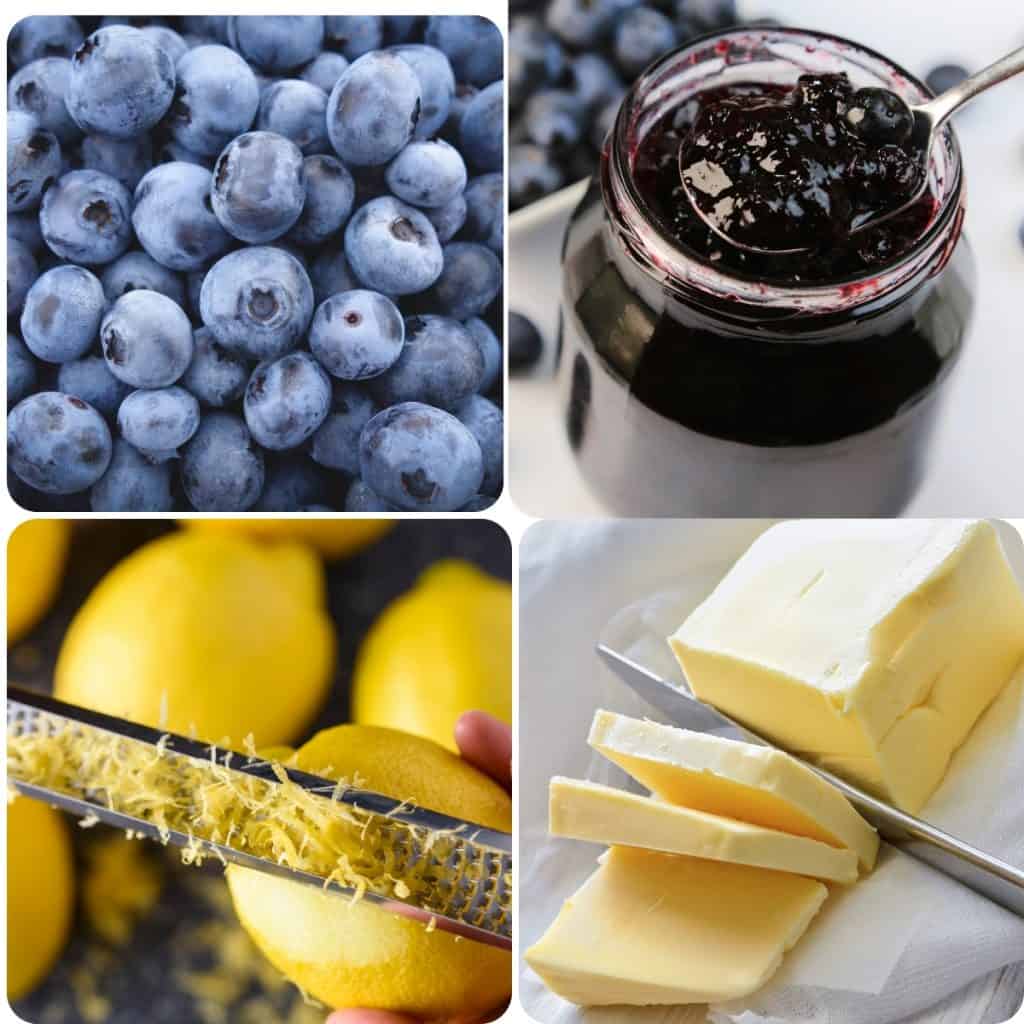 blueberries, a jar of jam, lemon zest, and butter
