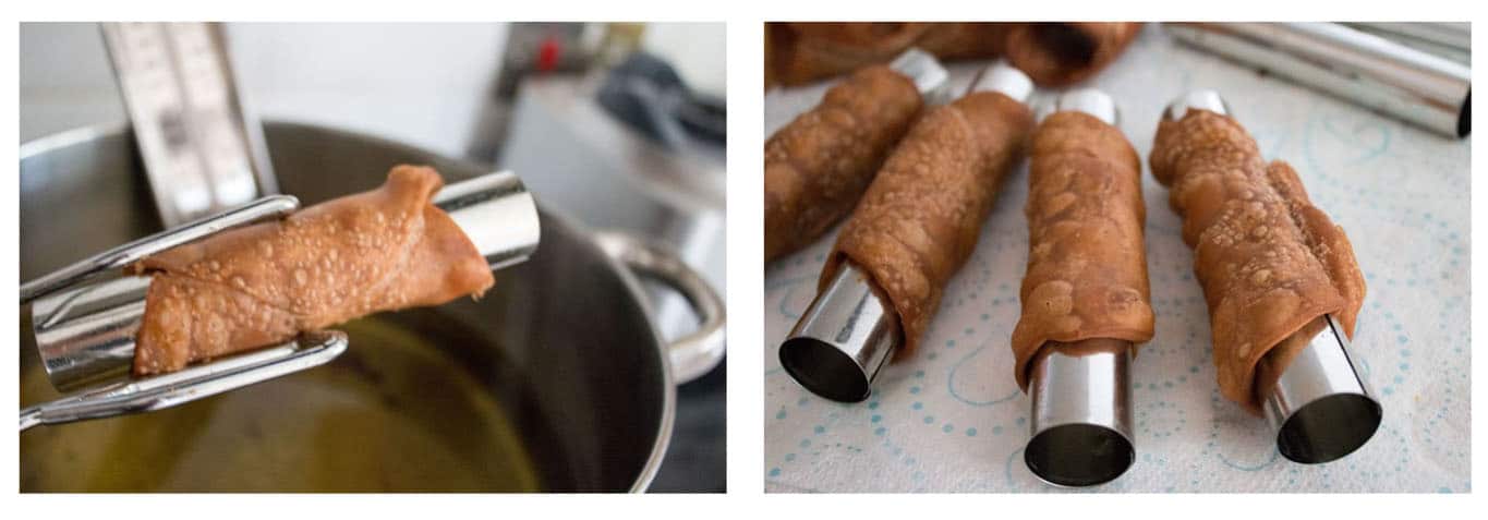 A pair of tongs removing the cannoli shell from the oil