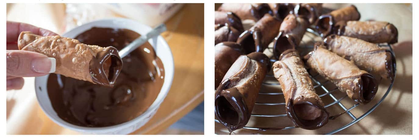 A close up of a cannoli shell with one end dipped in melted chocolate and a second photo showing them setting on a rack