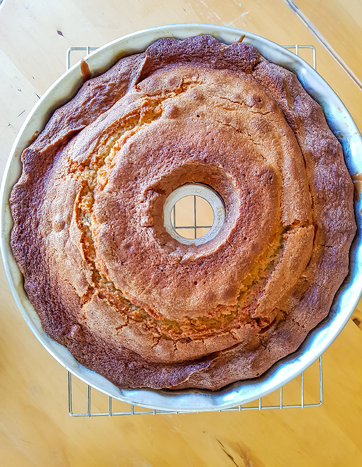 The brown sugar cake freshly baked still in the pan