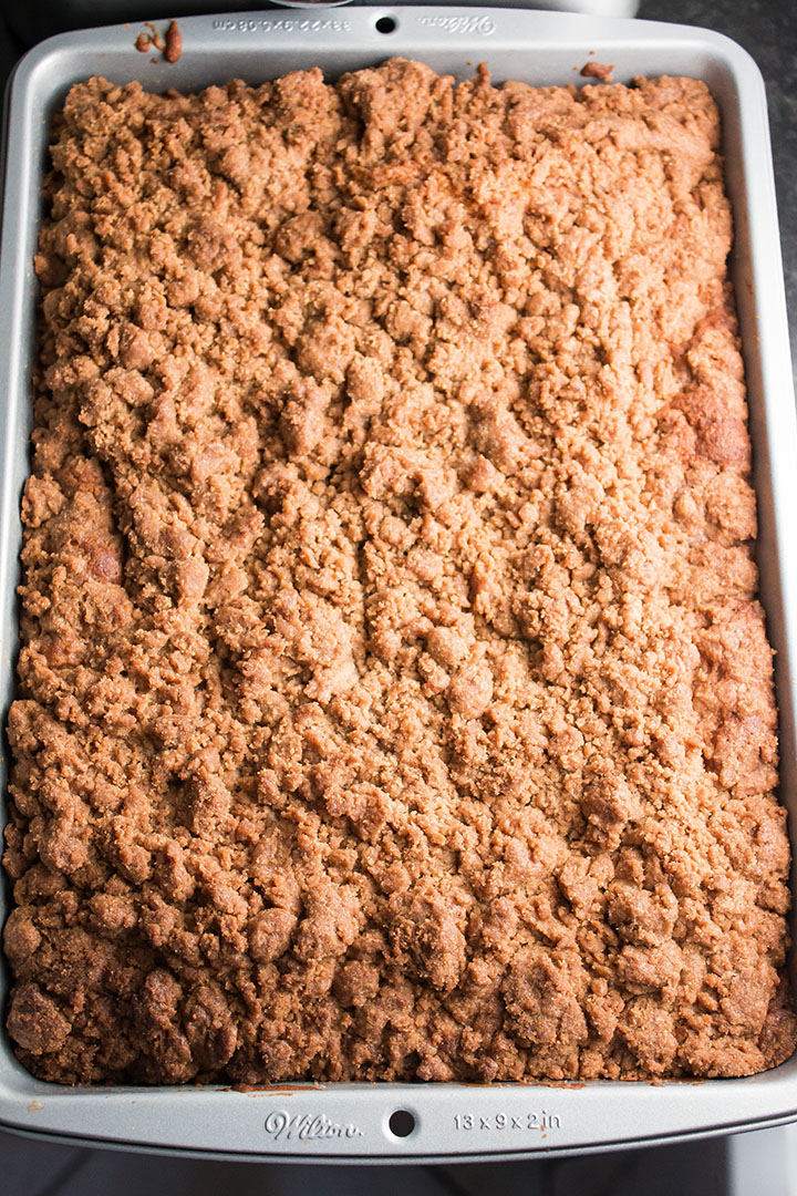 The crumb cake, freshly baked and still in the pan