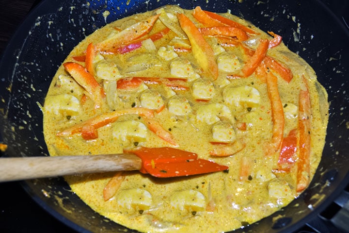 The Thai Panang Chicken Curry cooking in a pan.