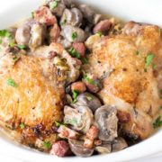 Creamy Chicken with Bacon & Mushrooms in a dish packed full of bacon and mushrooms.