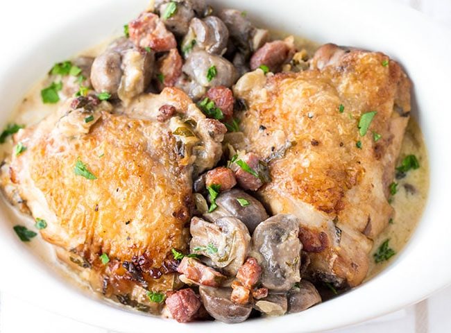 Creamy Chicken with Bacon & Mushrooms in a dish packed full of bacon and mushrooms.