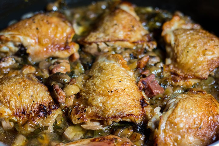 The Creamy Chicken with Bacon & Mushrooms fresh out of the oven ready for the sour cream to be added