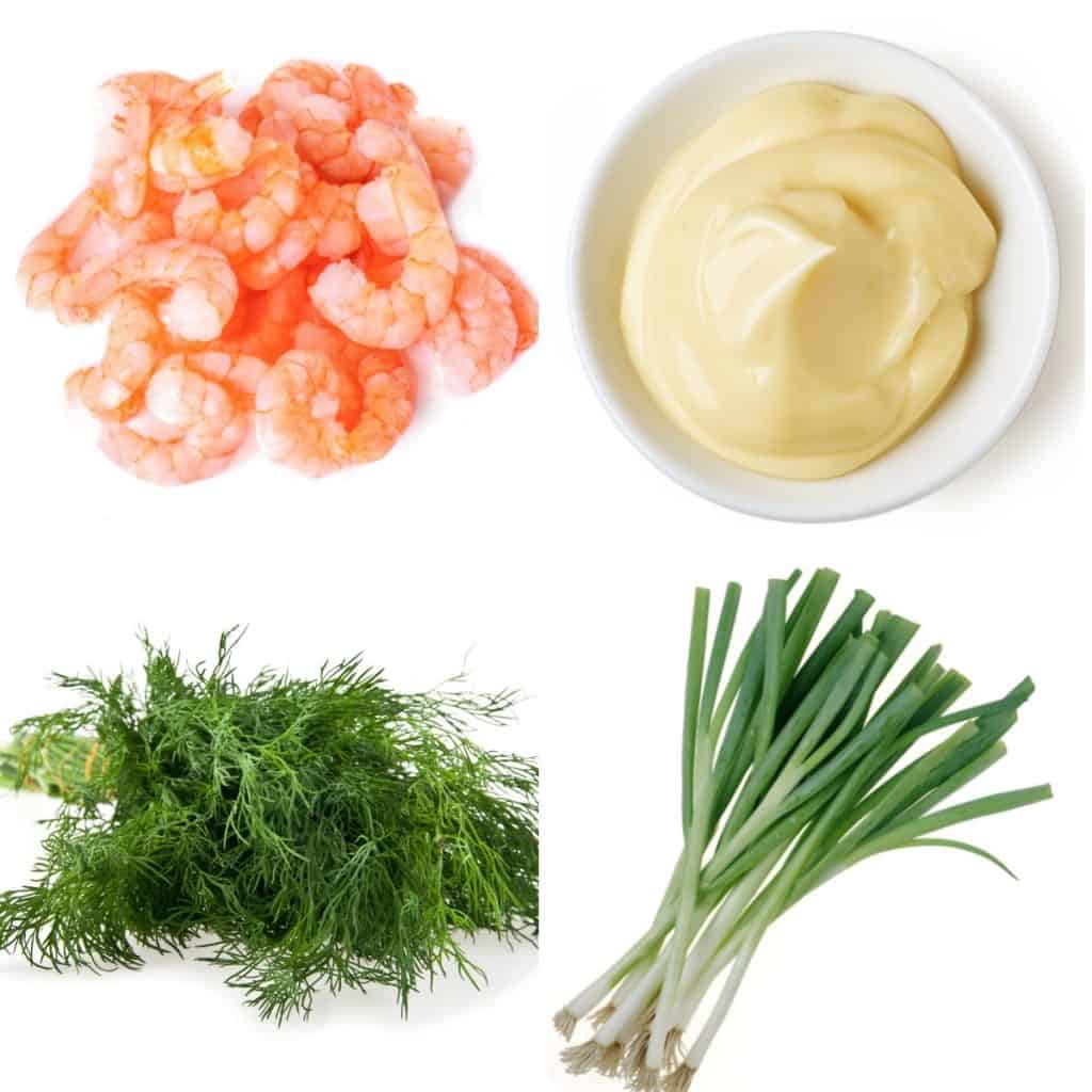 ingredients for shrimp salad, shrimp, mayonnaise, dill and green onions