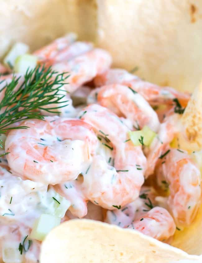 shrimp salad ready to serve with dill garnish