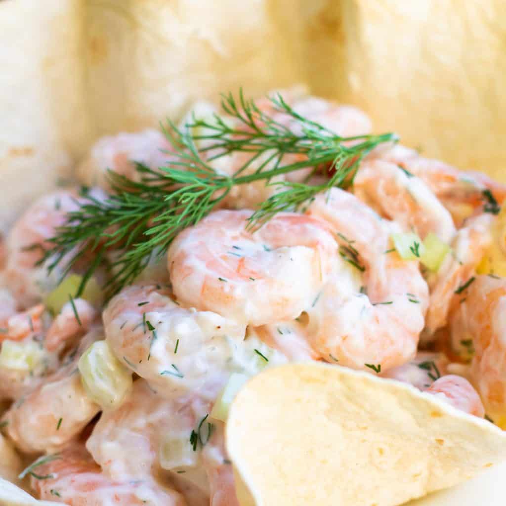 shrimp salad in a tortilla bowl