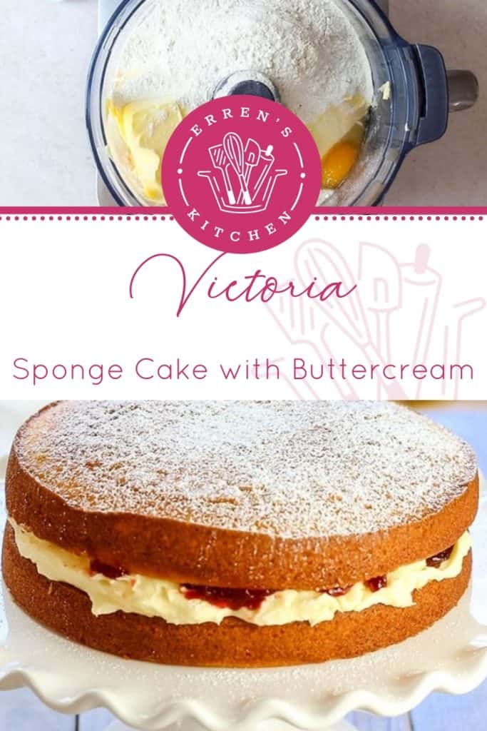 Victoria Sponge Cake with Buttercream split picture with ingredients in mixer and finished cake