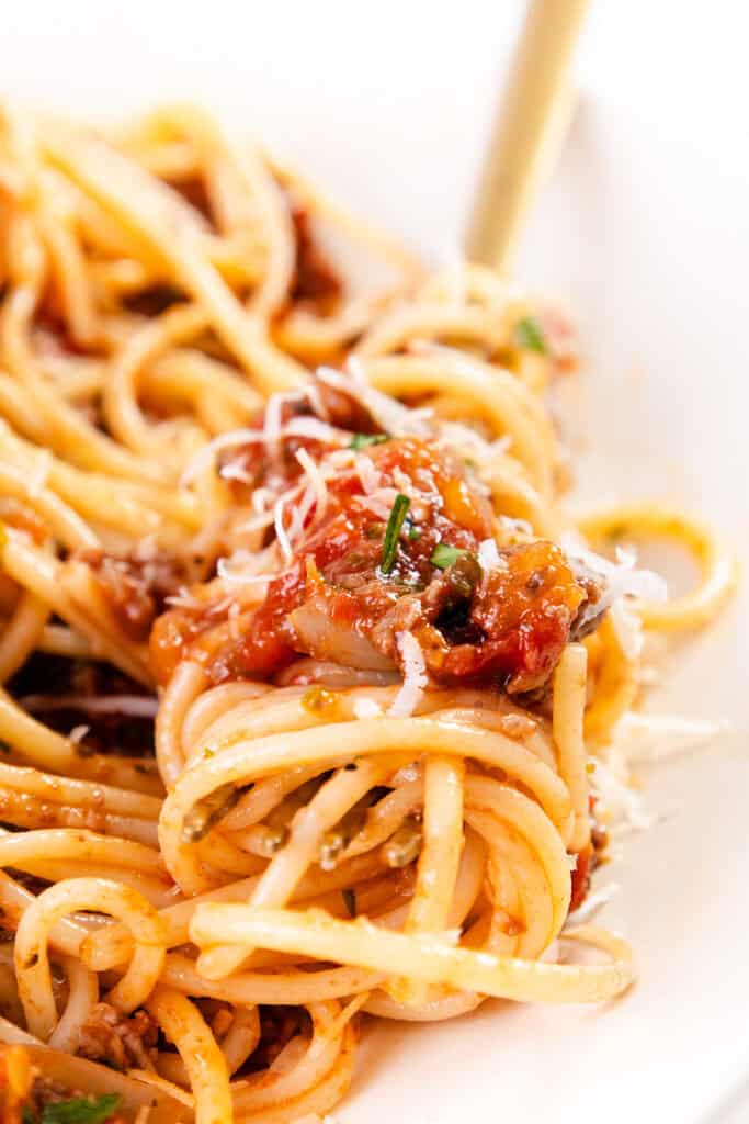 A close-up of Quick & Easy Spaghetti Bolognese twirled around a fork, topped with a tomato-based sauce, herbs, and grated cheese. The dish is richly garnished, showcasing a fresh and appetizing Italian meal.