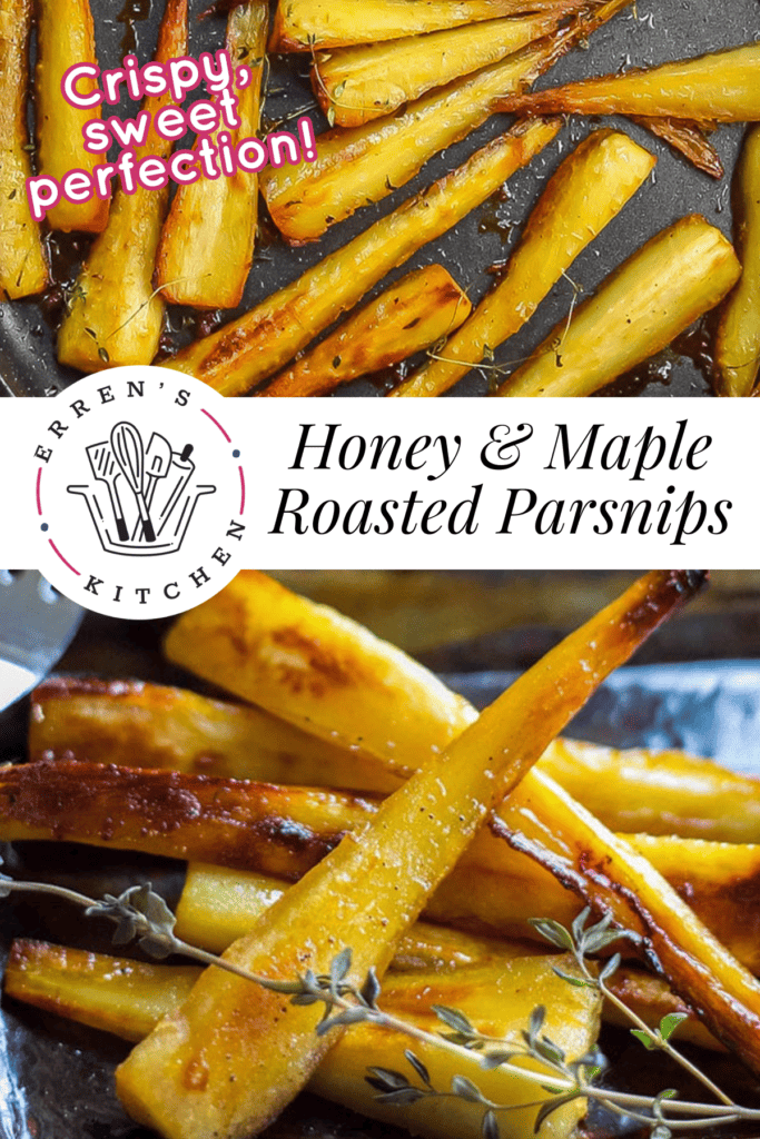 Cut and roasted parsnips with honey, maple syrup, and butter.