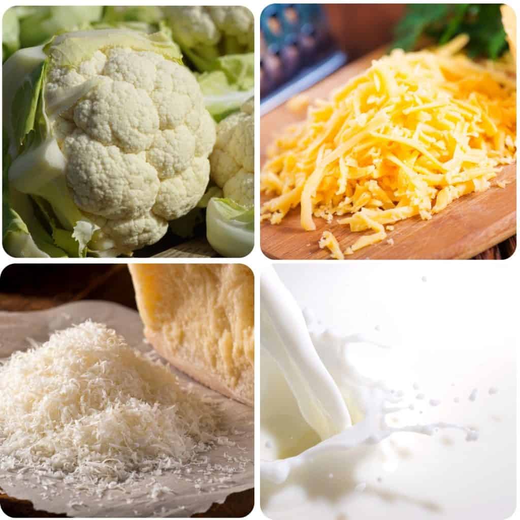 cauliflower, cheddar cheese, grated cheese and milk