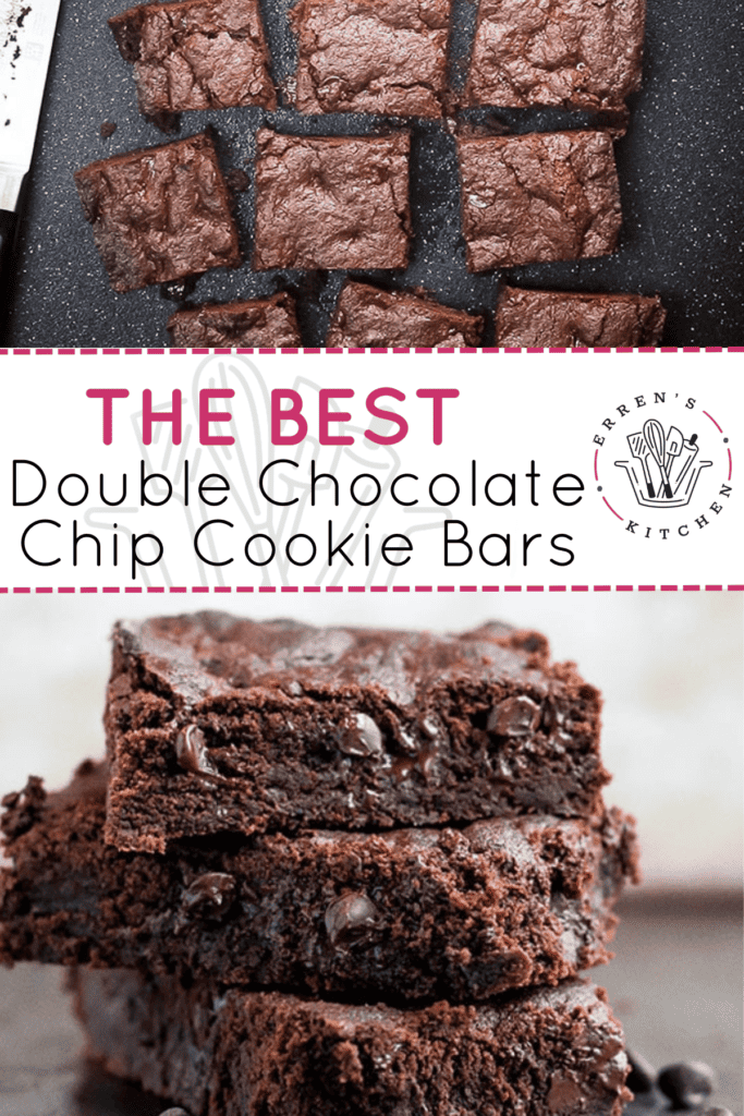 Double chocolate cookie bars cut into squares and a stack of three with melty chocolate chips.