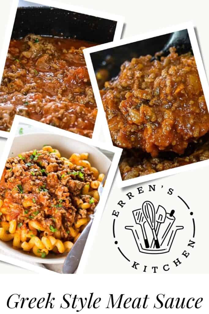 A collage of images showing a savory Greek-style meat sauce in a pan, a close-up of the sauce texture, and a plated serving over pasta, all framed by the Erren's Kitchen logo. The text "Greek Style Meat Sauce" is prominently displayed at the bottom.